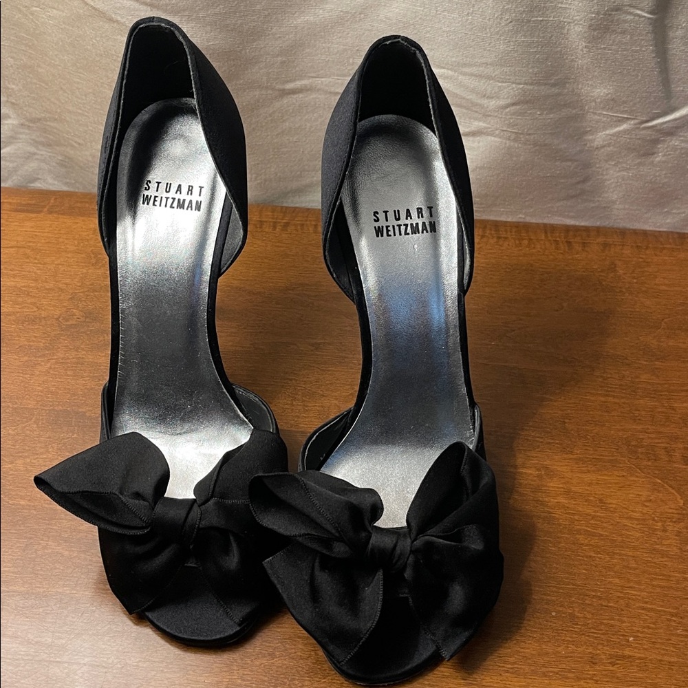 Stuart Weitzman Black Satin Bow Heels